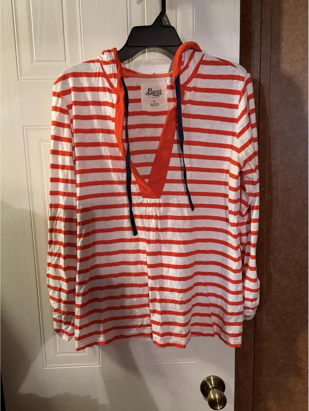 Bass White Orange Striped Pullover Hoodie Cotton Knit Women Size L